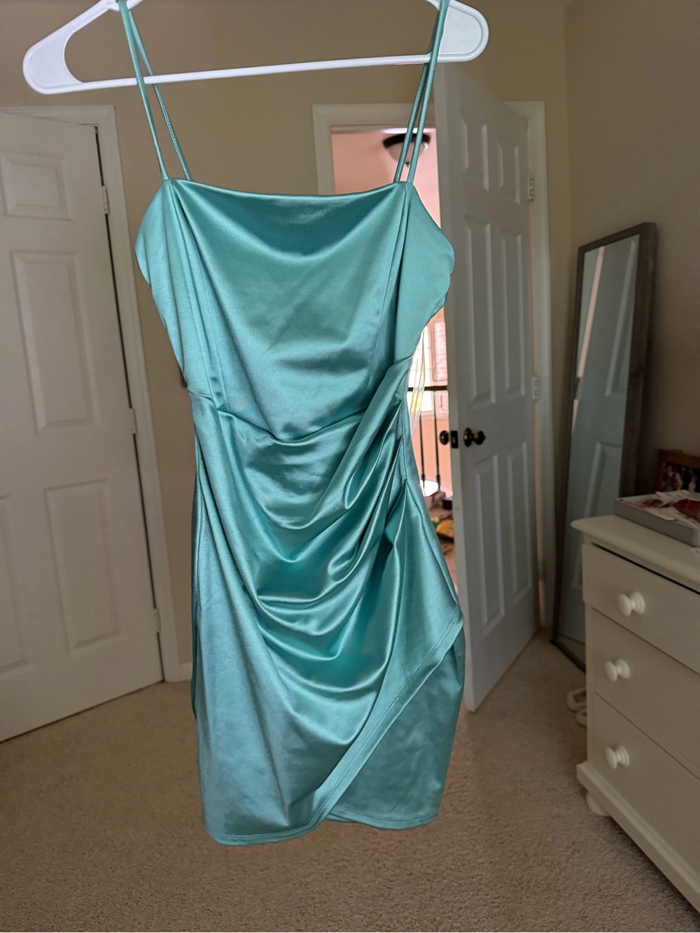 Windsor Satin Cowl Neck Mini Dress in Teal Aqua